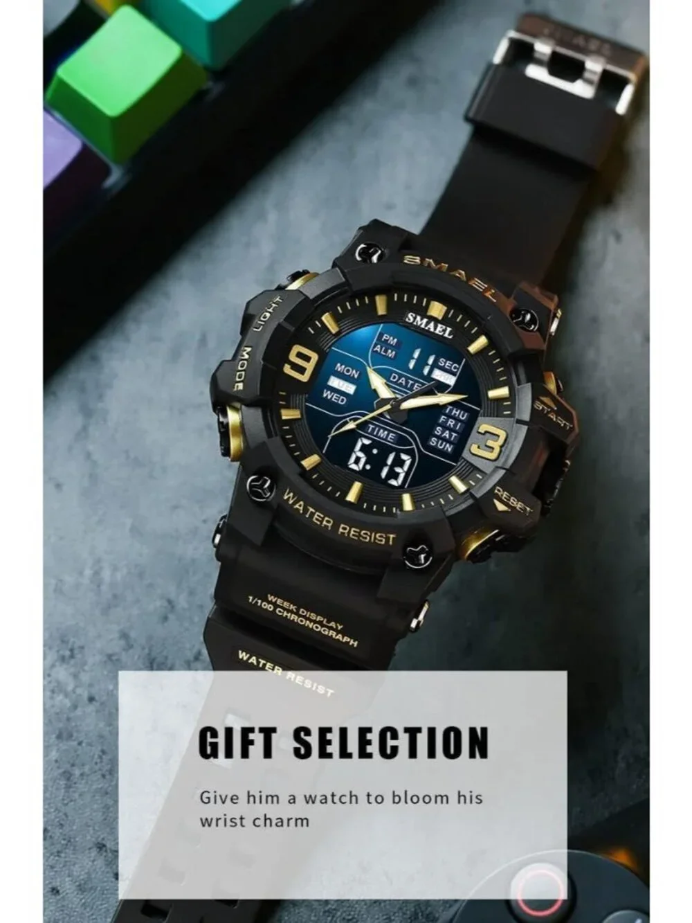 Men Black Gold Analog Quartz S-Shock Waterproof Outdoor Sports LED Digital Watch